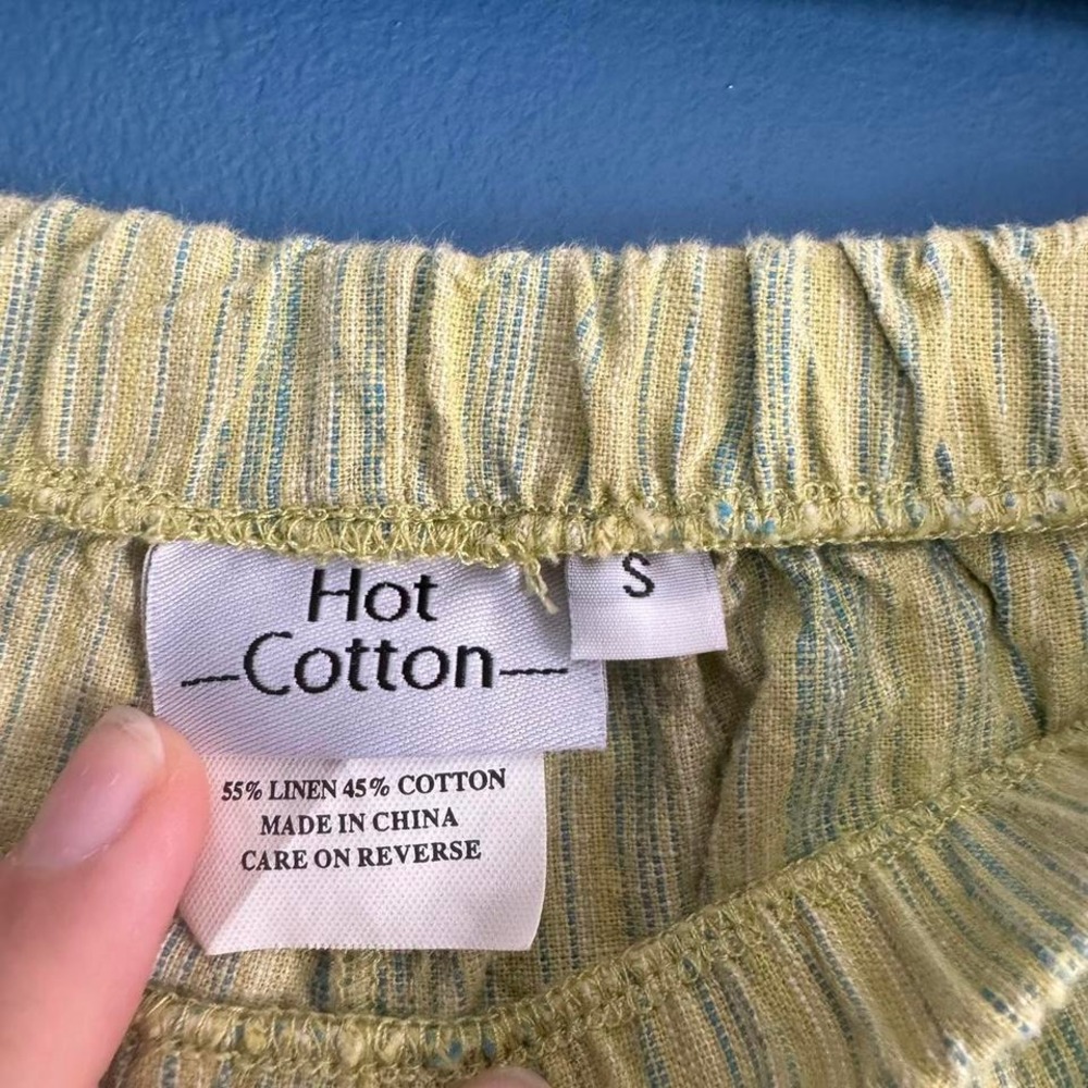Y2K Linen Blend Pants Women's Size Small Hot Cotton Striped Green Yellow Cropped - Picture 5 of 8